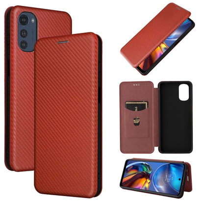 Magnetic carbon-fiber texture flip phone case with card slot, brown.