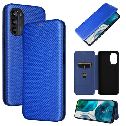 Magnetic carbon-fiber texture flip phone case with card slot, blue.
