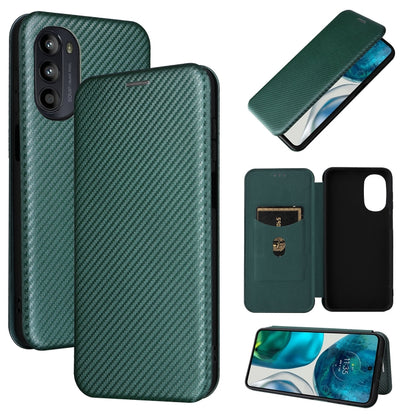 Magnetic carbon-fiber texture flip phone case with card slot, green.