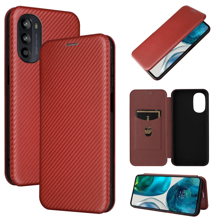 Magnetic carbon-fiber texture flip phone case with card slot, brown.