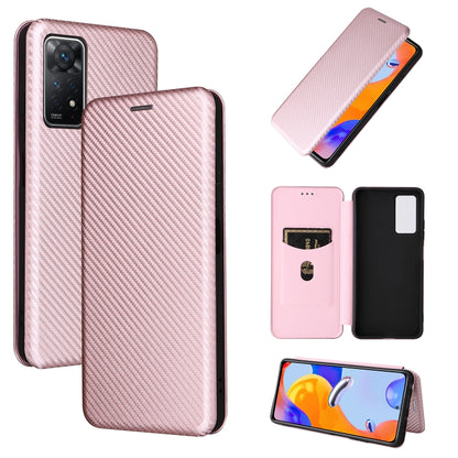 Magnetic carbon-fiber texture flip phone case with card slot, pink.