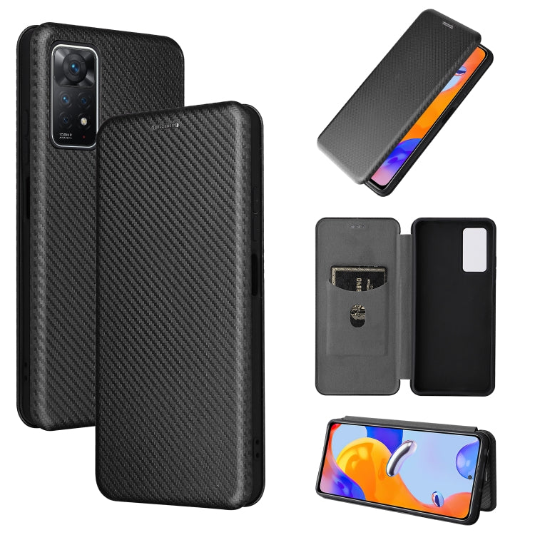 Magnetic carbon-fiber texture flip phone case with card slot, black.