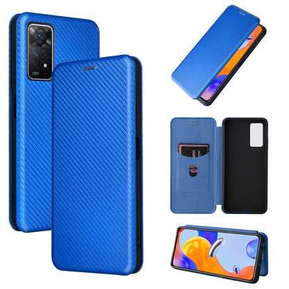 Magnetic carbon-fiber texture flip phone case with card slot, blue.