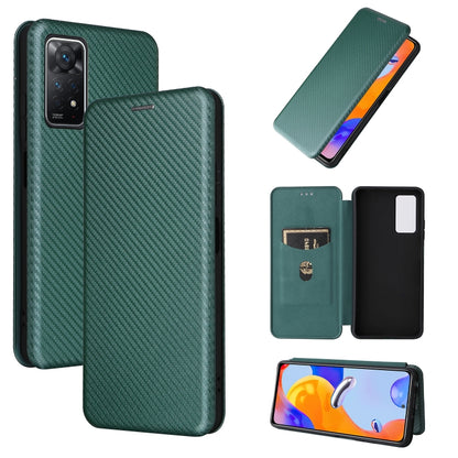 Magnetic carbon-fiber texture flip phone case with card slot, green.