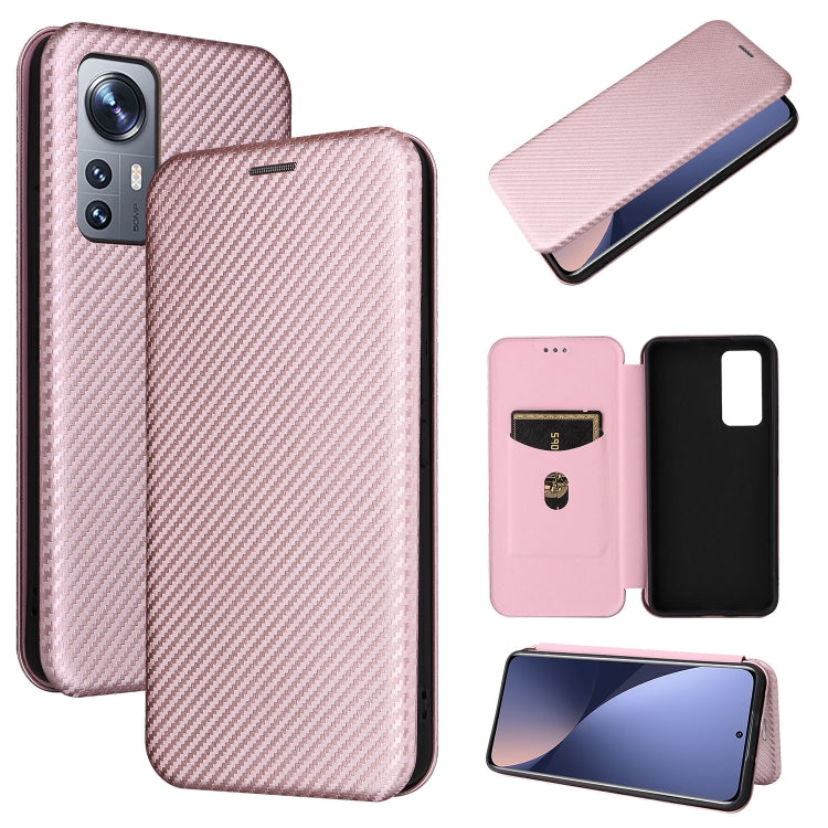 Pink carbon-fiber textured leather phone case with magnetic horizontal flip cover and card slot