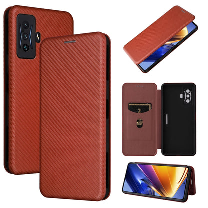 Brown carbon-fiber texture magnetic flip phone case, camera cutout, card slot.