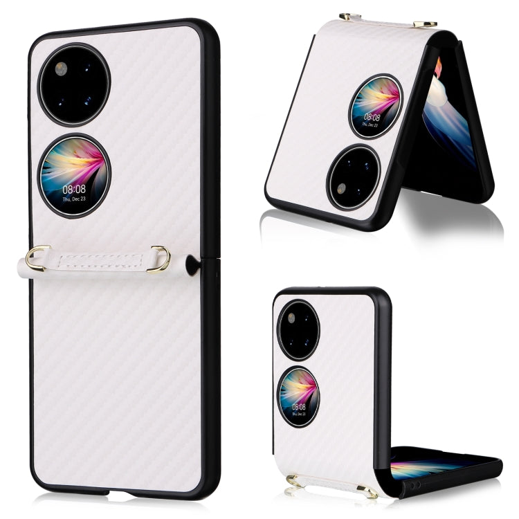White carbon-fiber texture phone case with black trim, dual camera cutouts, and wrist strap