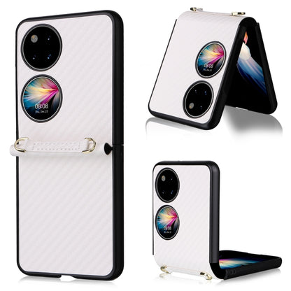 White carbon-fiber texture phone case with black trim, dual camera cutouts, and wrist strap