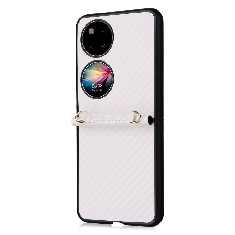 White carbon-fiber texture phone case with black edges, dual camera cutouts, and wrist strap