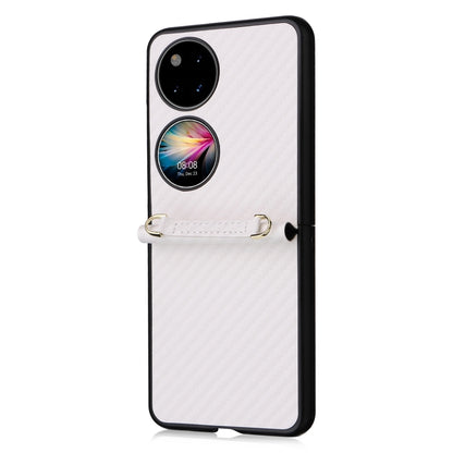 White carbon-fiber texture phone case with black edges, dual camera cutouts, and wrist strap