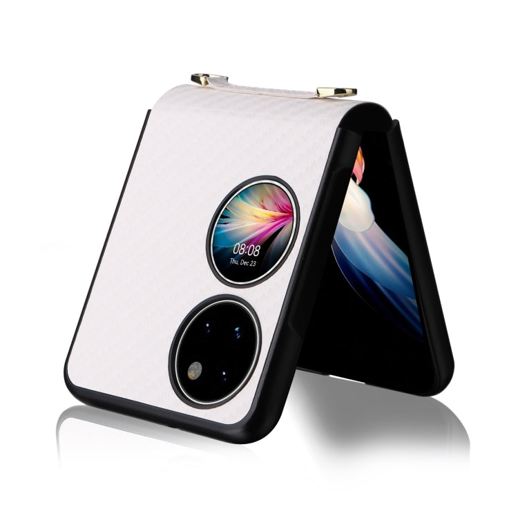 White carbon-fiber texture phone case with black trim and two camera cutouts