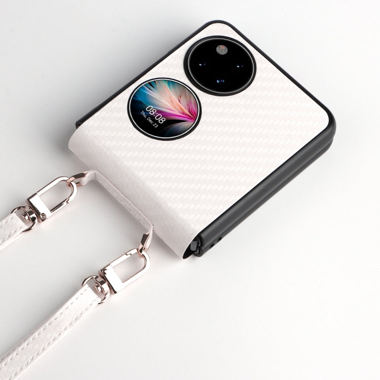 White carbon-fiber texture phone case with black edge and wrist strap with metal rings