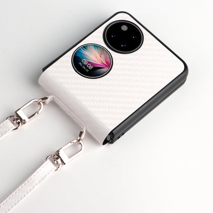 White carbon-fiber texture phone case with black edge and wrist strap with metal rings