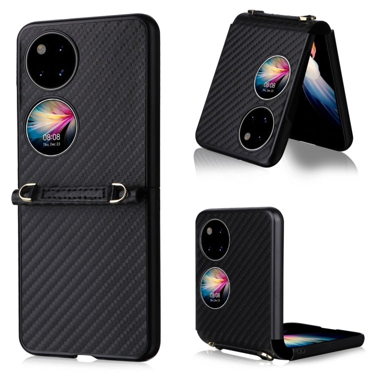 Black carbon-fiber texture phone case with black trim, dual camera cutouts, and wrist strap
