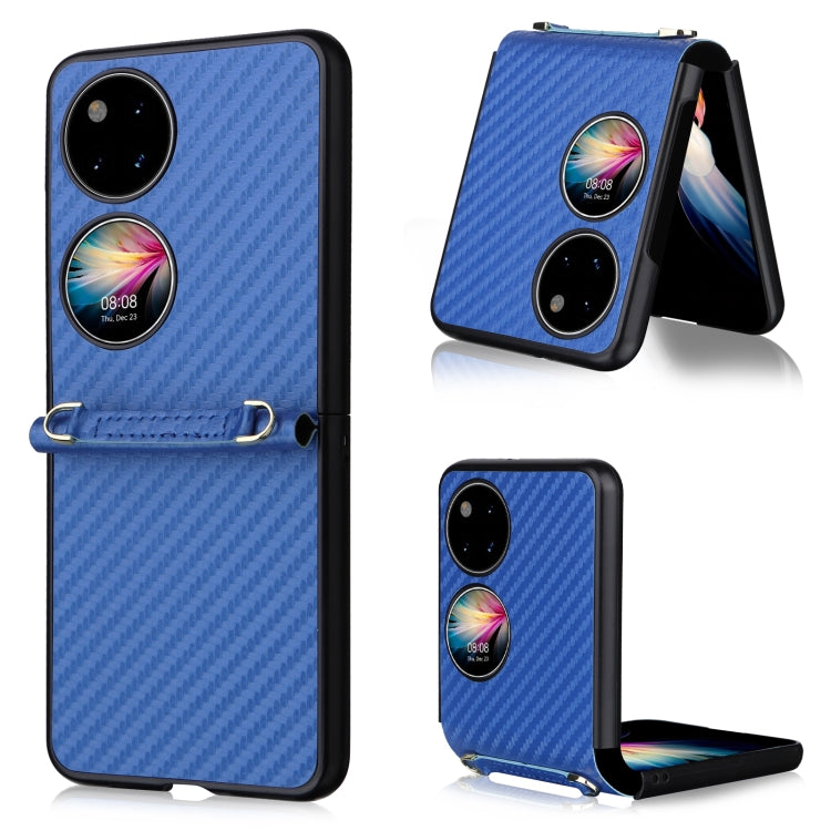 Blue carbon-fiber texture phone case with black trim, dual camera cutouts, and kickstand