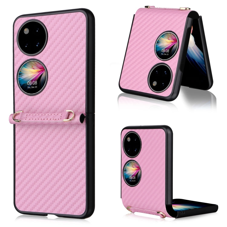 Pink carbon-fiber texture phone case with black trim, dual camera cutouts, and wrist strap