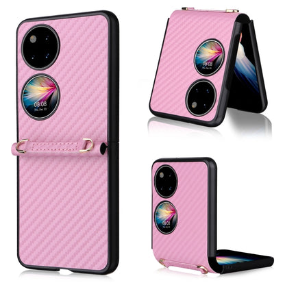 Pink carbon-fiber texture phone case with black trim, dual camera cutouts, and wrist strap