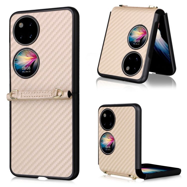Beige carbon fiber textured PU/TPU phone case with strap, stand, and camera cutouts