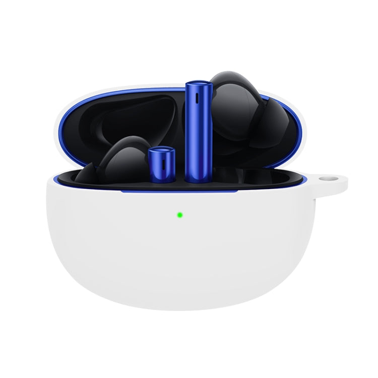 White silicone earphone protective case with blue earbuds and side hook