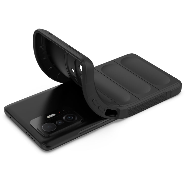 Black phone case opened to show screen and camera, hinged protective cover