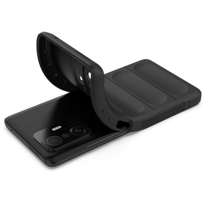 Black phone case opened to show screen and camera, hinged protective cover