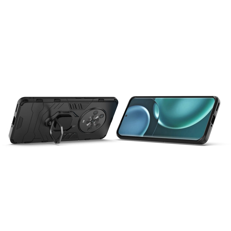 Shockproof phone case, black with magnetic ring holder, landscape kickstand view