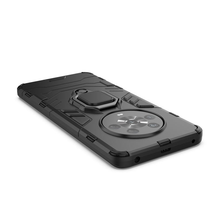 Shockproof phone case, black, side angle showing kickstand and magnetic ring holder