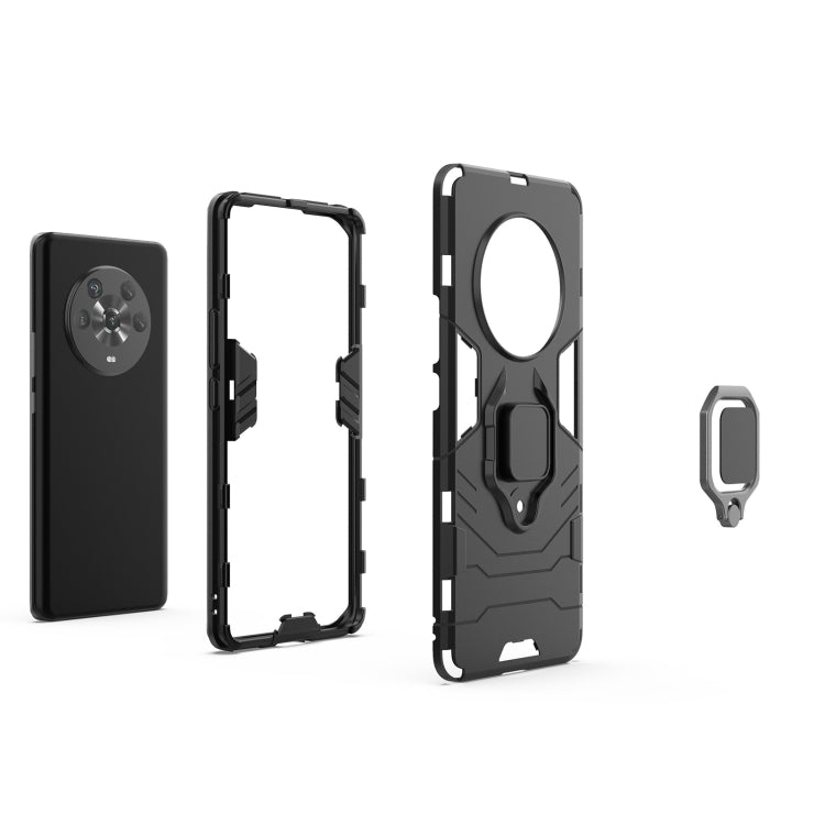 Shockproof phone case set, black with magnetic ring holder, front and back shown