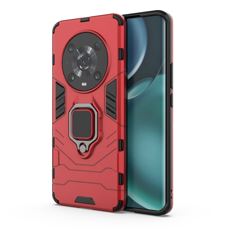 Red protective phone case with magnetic ring holder, shockproof TPU/PC