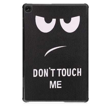 Tablet case with black faux leather and “DON’T TOUCH ME” text on the back