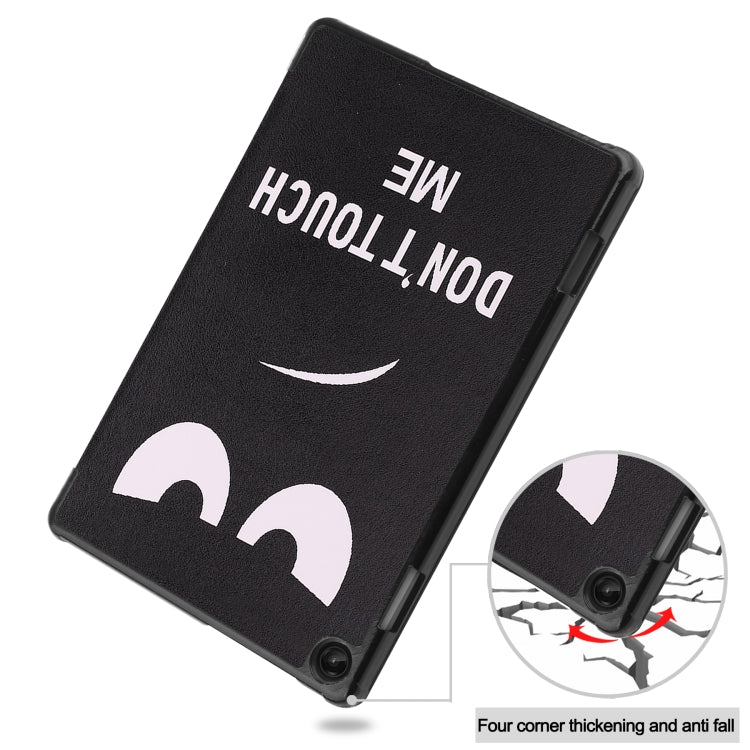 Tablet case back with black faux leather and “DON’T TOUCH ME” graphic, diagonal view