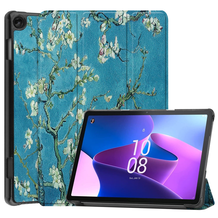 3-fold smart tablet case in blue floral print with faux leather texture, front cover open