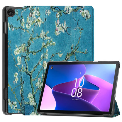 3-fold smart tablet case in blue floral print with faux leather texture, front cover open