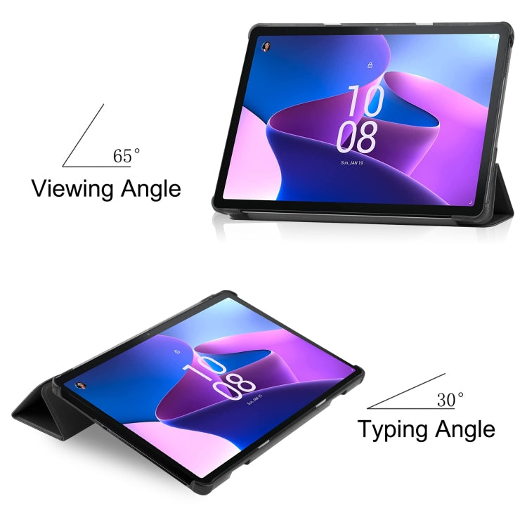 Black 3-fold tablet case in viewing and typing stand angles with front display open