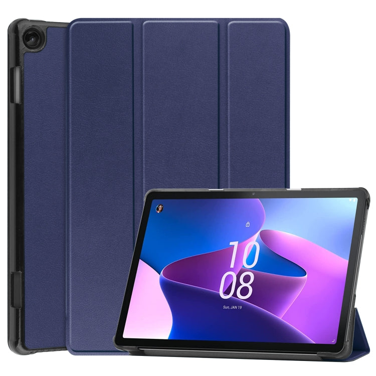 Blue 3-fold smart tablet case with stand, tablet held by front flap