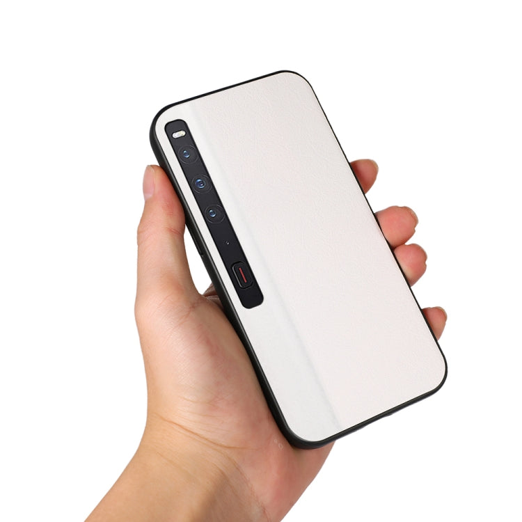 Two-tone litchi-texture PU phone case, white with black edges and side buttons, hand-held.
