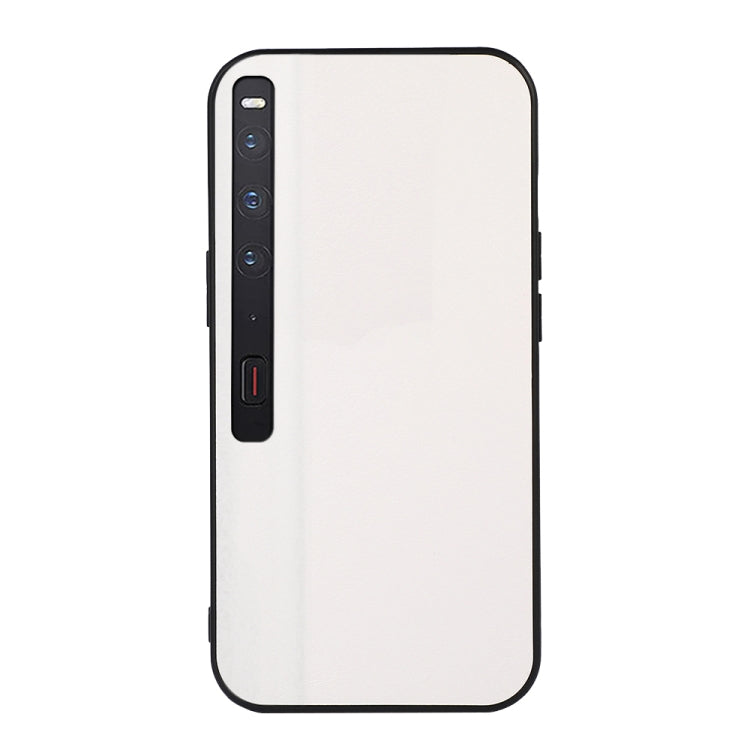 Two-tone litchi-texture PU phone case, white back with black border and camera/port cutouts.