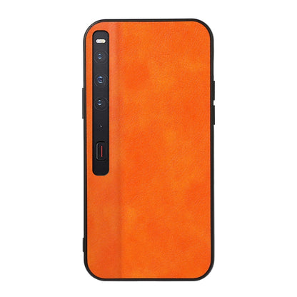 Two-tone litchi-texture PU phone case with black trim, orange back, port and button openings.