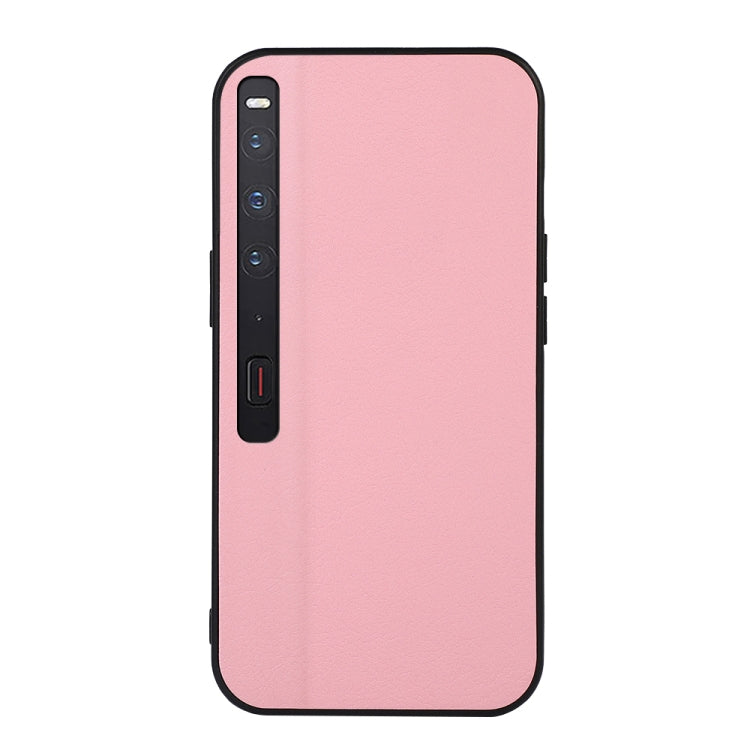 Two-tone litchi-texture PU phone case with black trim, pink back, side button and port openings.