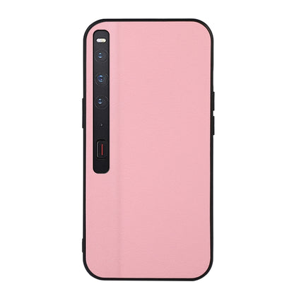 Two-tone litchi-texture PU phone case with black trim, pink back, side button and port openings.