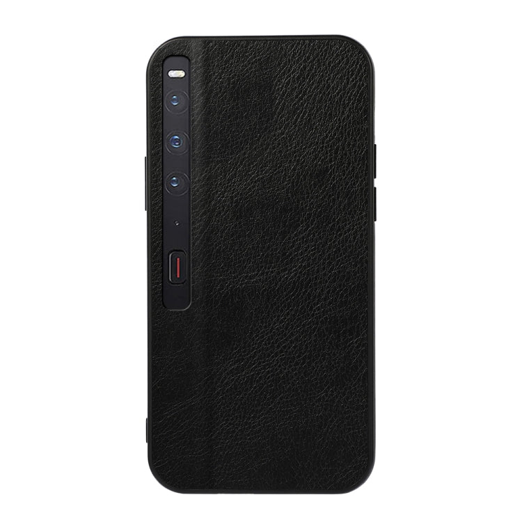 Two-tone litchi-texture PU phone case with black trim, black textured back, camera/port cutouts.