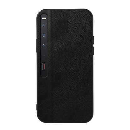 Two-tone litchi-texture PU phone case with black trim, black textured back, camera/port cutouts.