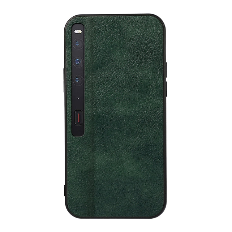 Two-tone litchi-texture PU phone case with black trim, dark green back, camera/port cutouts.