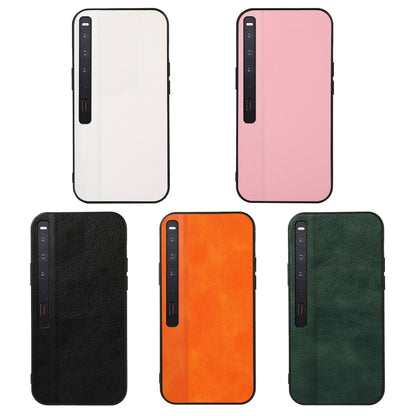 Two-tone litchi-texture PU phone cases shown in white, pink, orange, black, and dark green.