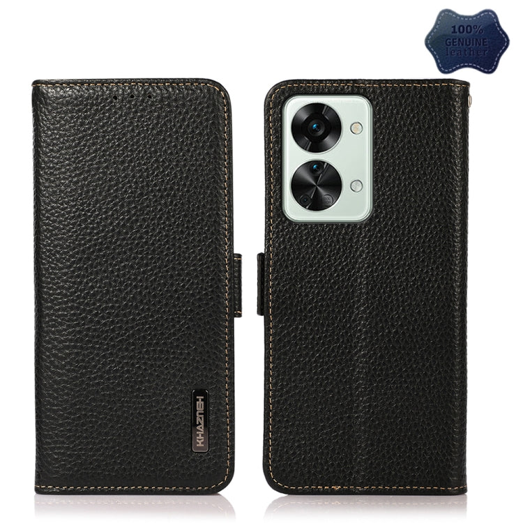 Litchi-texture genuine leather RFID phone case, black, open view with camera cutout