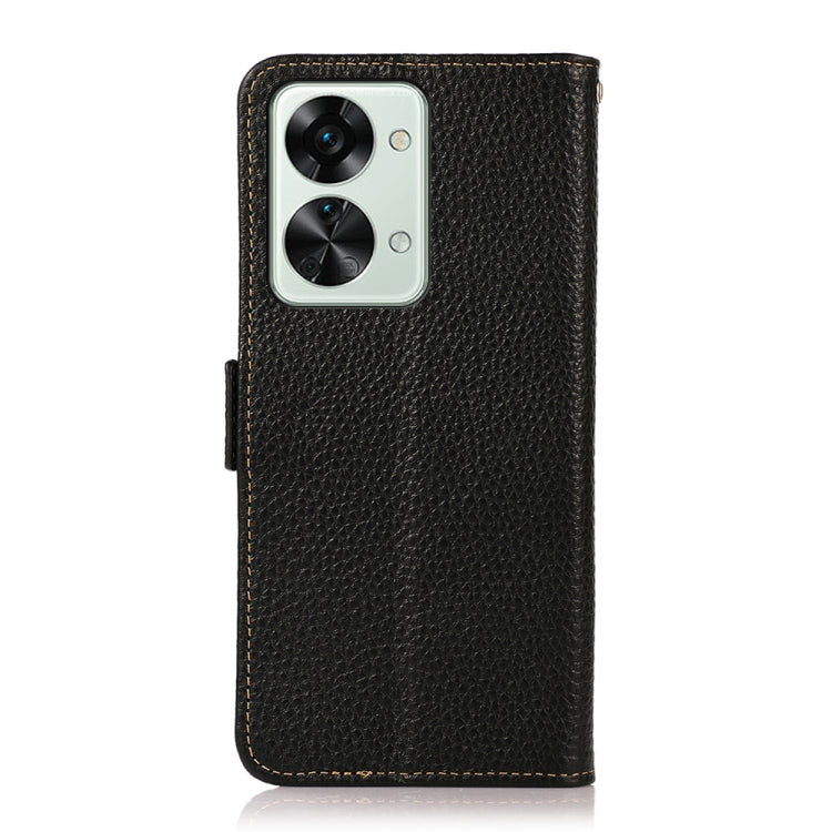 Litchi-texture genuine leather RFID phone case, black, front view with camera cutout