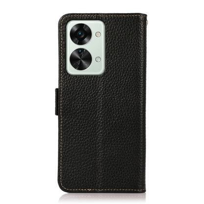 Litchi-texture genuine leather RFID phone case, black, front view with camera cutout