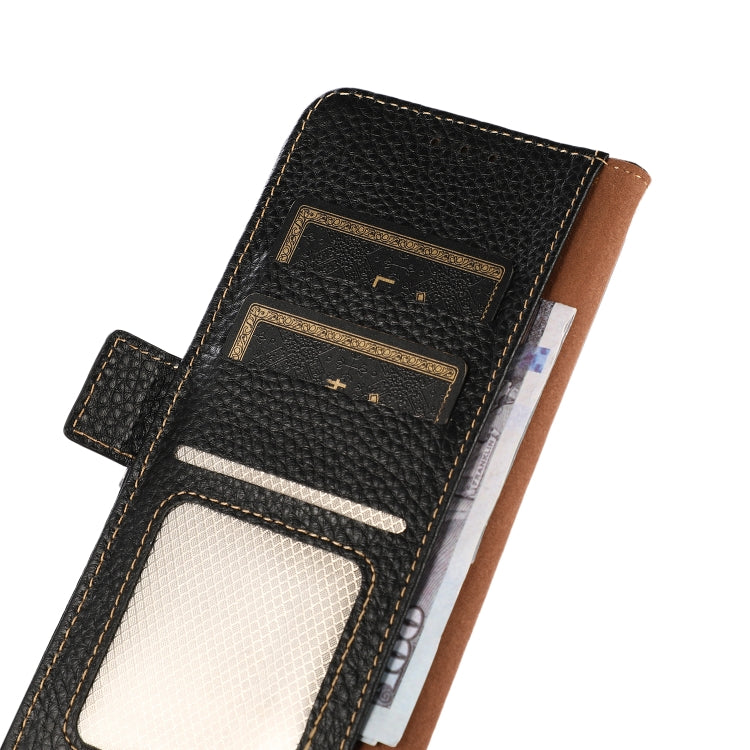 Litchi-texture genuine leather RFID phone case, black, interior card holder close-up