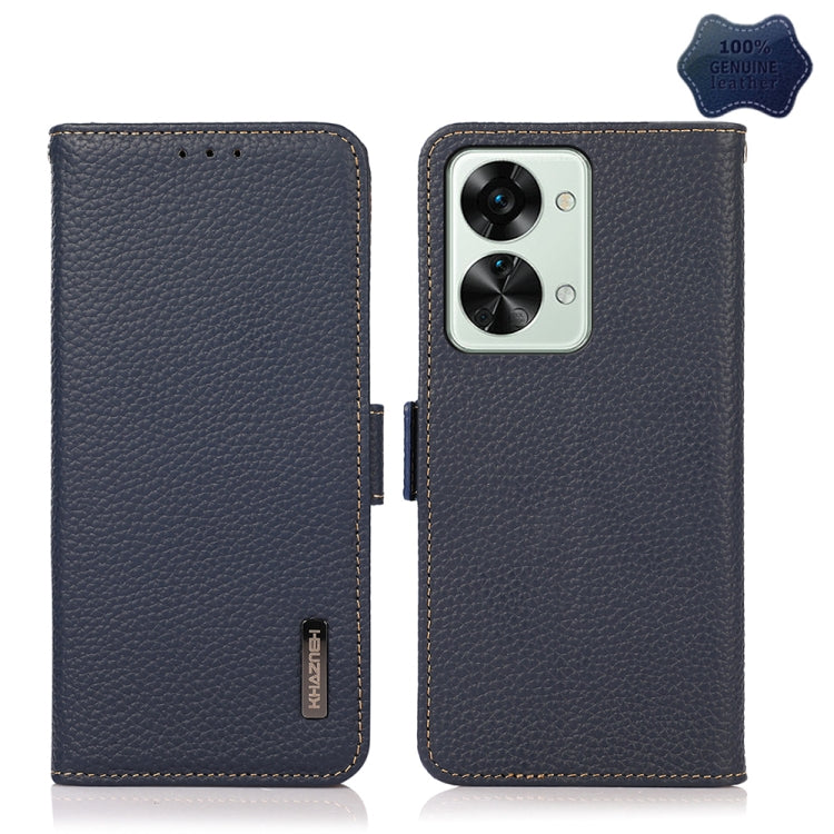 Litchi-texture genuine leather RFID phone case, blue, front and back view with camera cutout