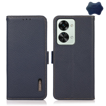 Litchi-texture genuine leather RFID phone case, blue, front and back view with camera cutout
